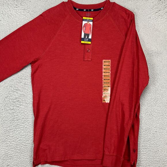 GAP Henley T-Shirt Adult Medium Red 100% Cotton Pullover Long Sleeve Tee Men NEW